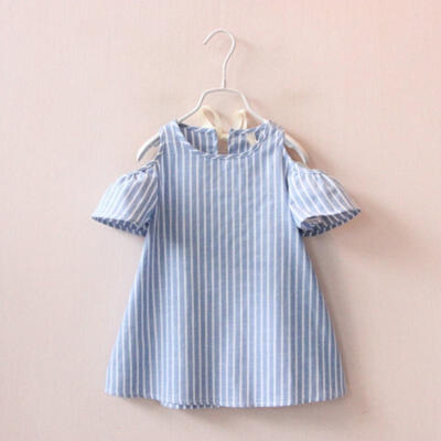 

Fahion Toddler Baby Kid Girl Off Shoulder Dress Botton Up Striped Cotton Dress