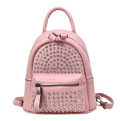 

Rivet Rhinestone Backpack Women Leather Messenger Vertical Square Knapsack