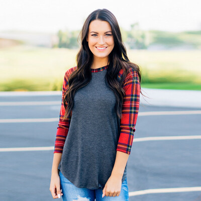 

Nomeni Women O-Neck Plaid Three Quarter Pullover Tops Blouse Shirt