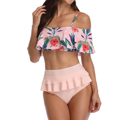 

Saidsome Women Retro Flounce Sling High Waist Print Bikini Halter Two Piece Swimsuit