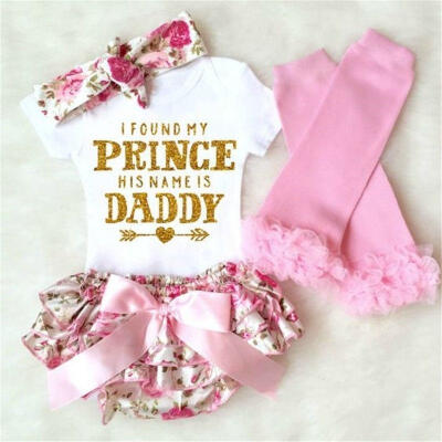 

4PCS Newborn Baby Girls Romper Floral Shorts DressLeg Warmer Headband Outfits