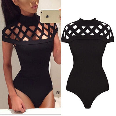 

Womens Short Sleeve Bodysuit Leotard Bodycon Bandage Jumpsuit Romper Tops Blouse