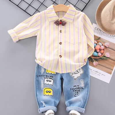 

Autumn Children Baby Boys Casual Long Sleeve Striped Print Shirt TopsCartoon Denim Pants Trouser Set