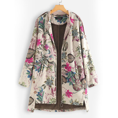 

Ladies Loose Lapel Collar Zipper Jacket Tops Floral Print Long Sleeve Warm Coat