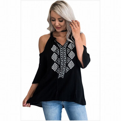

V-neck seven-point sleeve retro embroidery cold shoulder casual straight top
