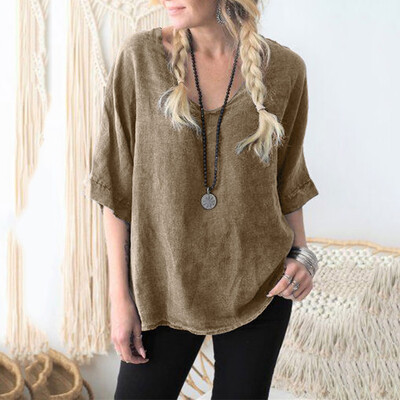

Starmoon Fashion Women Vintage V-neck Cotton Linen Casual Loose T-shirt Blouse