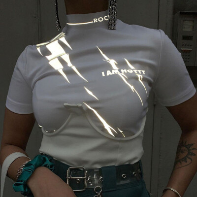 

Starmoon Women Gothic Punk Style Reflective Crop Top Turtleneck Short Shirt Hip Hop Tops