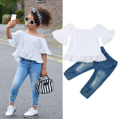 

Toddler Kids Baby Girls Tops Shirt Denim Long Pants Jeans Outfits Clothes Set