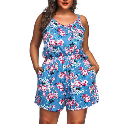 

Starmoon Women Summer Plus Size Printed Sleeveless V-Neck Rompers Short Jumpsuits Rompers