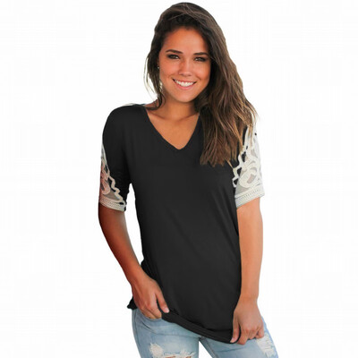 

V-neck short-sleeved crochet lace stitching casual top
