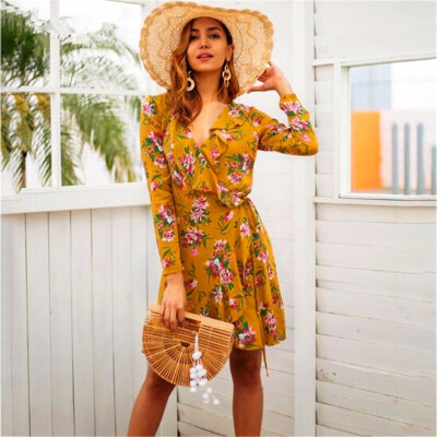 

Ruffle print wrap dress women Sexy v neck mini dress long sleeve summer dress Robo femme streetwear beach vestidos 2018