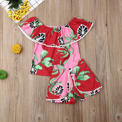

2019 Summer Kids Baby Girls Watermelon Floral Off Shoulder Tops Pants Outfits