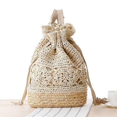 

Women Backpack Summer Drawstring Lace Crochet Straw Beach Bags Hollow Out Flower Handmade Knitted Backpack