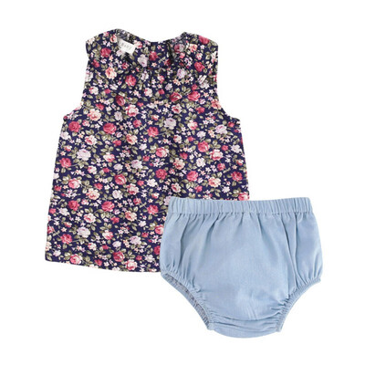 

2019 Hot Sale New Arrive Sleeveless Tops Triangle Shorts 2 Piece Baby Girl Set Blue Floral Pattern Baby Girl Clothes Set