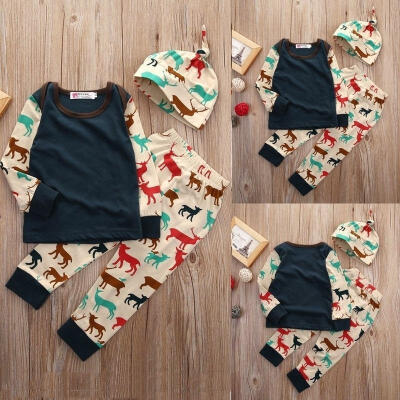 

Newborn Baby Boys Girl Casual T-shirts Tops Long Pants Hats Clothes Outfit Set