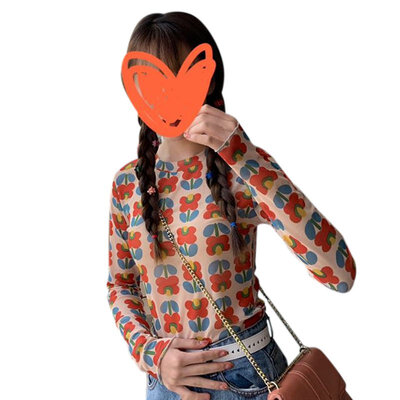 

T-shirt Women Summer Casual Flower Printed Bottom Shirt Long Sleeve T-shirt Female Tops