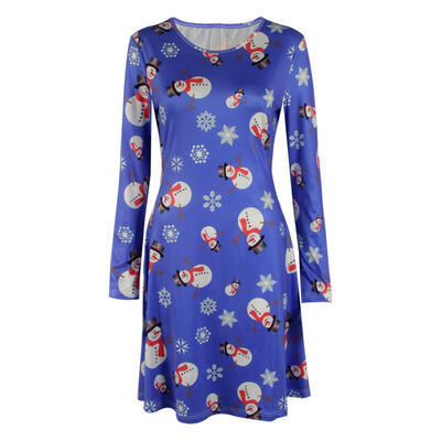 

High Quality Models Christmas Snowman Snowflake Printed Long Sleeve Dress