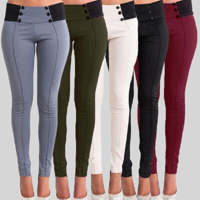 

New Fashion Women Slim Pants Elastic Low Waist Buttons Sexy Bodycon Skinny Pencil Leggings Trousers