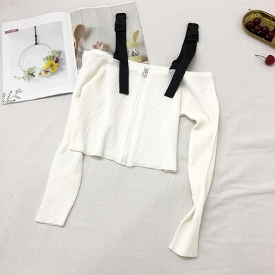 

Fashion Solid Color Zipper Women Sweater Sexy Slash Neck Sling Crop Tops Female Long Sleeve Knitted Sweaters Knitwear