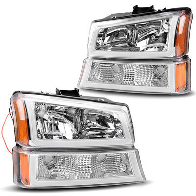 

FOR 2003-2006 CHEVY SILVERADO CHROME HOUSING AMBER HEADLIGHTLAMP WLED DRL