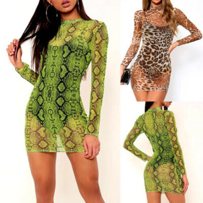 

Fashion Sexy Women Snake Print Long Sleeve Stretchy Package Hip Bodycon Dress