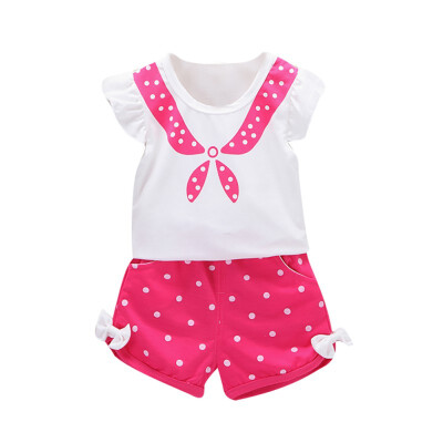 

Newborn Clothes Summer Children Baby Girls Casual Flare Sleeve T-shirt TopsDot Shorts With Bow Design Suits Costume Set