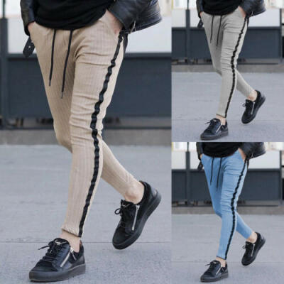 

Men Slim Fit Pants Urban Straight Leg Striped Trousers Casual Pencil Sweat Pants