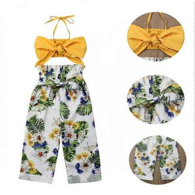 

New Toddler Baby Girl Soild Bow Tops T-shirts Floral Long Pants 2Pcs Outfits Summer Clothes 1-5Y