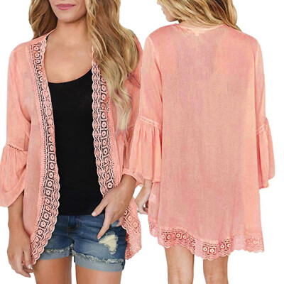 

Nomeni Womens Casual Solid Lace Long Sleeve Chiffon Cardigan Loose Kimono Blouse Tops