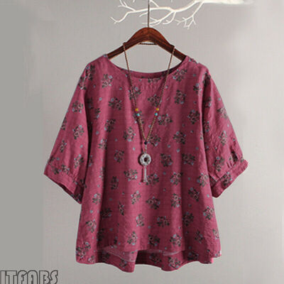 

Plus Size Women Cotton Ethnic Blouse Shirt Oversize Asymmetrical Floral Tops New
