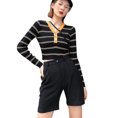 

Casual V-neck Striped Knitted Sweater Winter Clothes Women Long Sleeve Button Fashion Pullover Female Sweaters Crop Tops