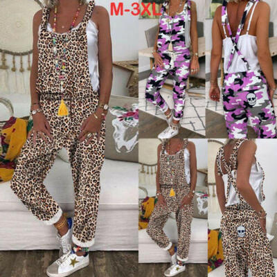 

Women -3XL Summer Linen Cotton Jumpsuit Dungarees Pants Leopard Print Overalls