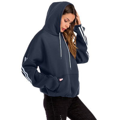 

Starmoon Women Plus Size Casual Solid Hooded Blouse Loose Striped Pocket Sweatshirt