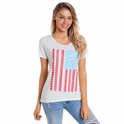 

Round neck short sleeve graphic casual blouse