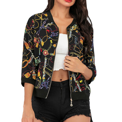 

Toponeto Womens Fashion Boho Print Blouse Baseball Outwear Jackets Zipper Coats
