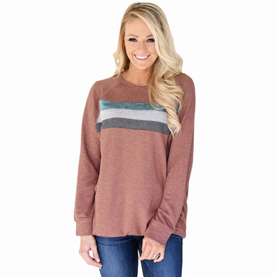 

Striped stitching round collar long sleeve pullover sweatshirt casual sweatshirt