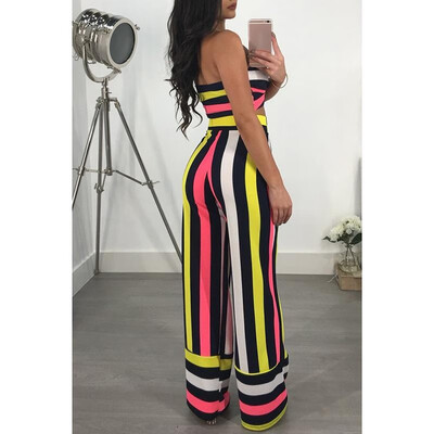 

Sexy Women Striped Two-Piece Set Off the Shoulder Backless Crop Top Wide Leg Pants High Waist Trousers