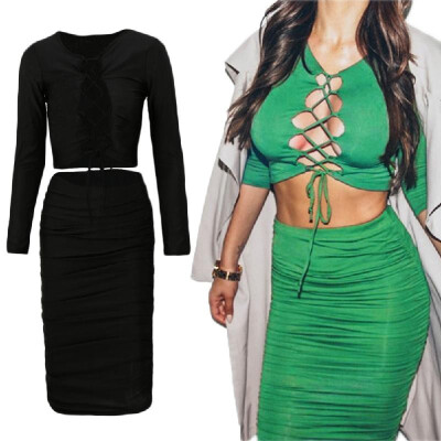 

Sexy Women Two-piece Dress Long Sleeve Lace-Up Tops Fold Party Knee-Length Skirt Bodycon Clubwear GreenBlack