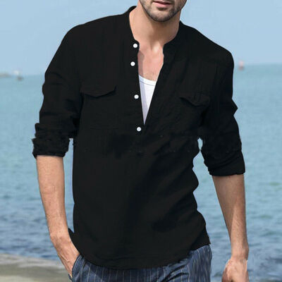 

Fashion Mens Casual Linen Long Sleeve Solid Shirts Dress Shirt Soft Tops