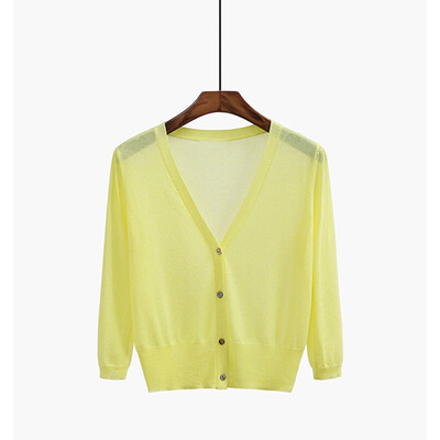 

Womens Three Quarter Sleeve V-Neck Thin Blouse Sun Protection Button Up Knitted Cardigan