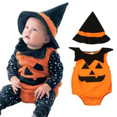 

2PCS Newborn Baby Girl Boy Halloween Costume Pumpkin Romper BodysuitHat Outfits