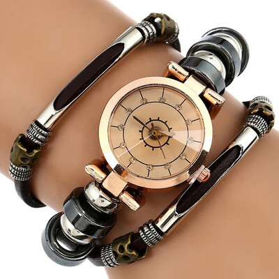 

Top Quality Genuine Leather Bracelet Women Triple Retro Strap Vintage Gear Dial Fashion Wrist Watch