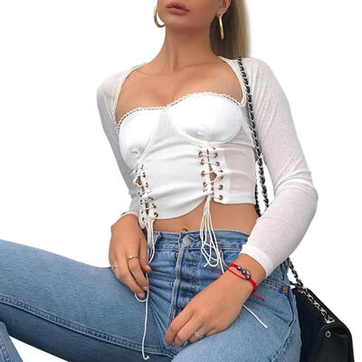 

Sexy Women Bandage Long Sleeve Crop T-shirt Square Neck Casual Hollow Tops