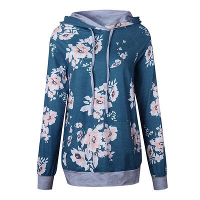 

Autumn Slim Fit Fashion Floral Print Women Hoodies Drawstring Pullover Tops