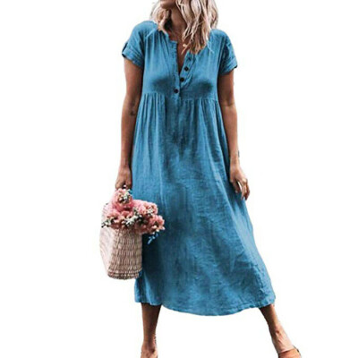

Women Cotton Linen Long Dress Short Sleeve Casual Boho Kaftan Tunic Plus Size S-3XL