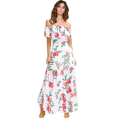 

Women Fashion Flower Printed Sweet Retro Strapless Short Sleeve Elegant Long Dress