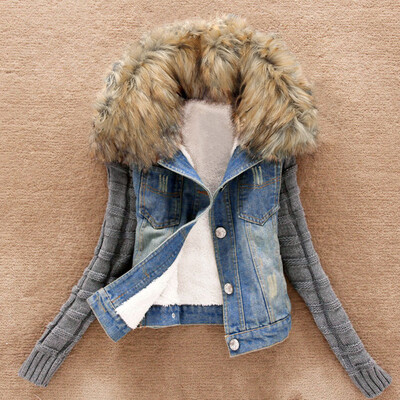 

Toponeto Women Winter Warm Jeans Button Knit Sleeve Cowboy Denim Pockets Jacket Coat