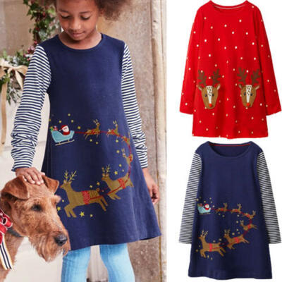 

Christmas Toddler Kids Baby Girl Deer Long Sleeve Casual Cotton Dress Clothes