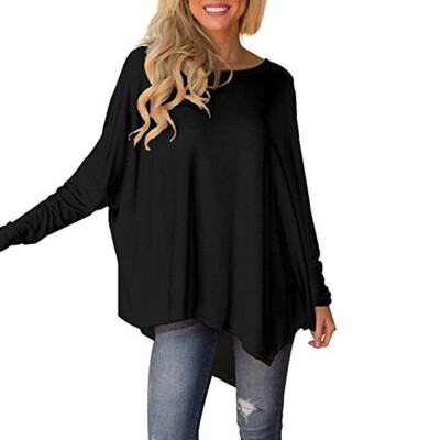 

Nomeni Women Long Sleeve O-neck Pure Color Batwing Sleeve Irregular Hem Blouse Tops