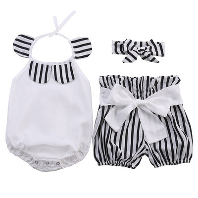 

Toddler Kids Baby Girl Summer Clothes Tops RomperStriped Shorts 3pcs Outfits Set